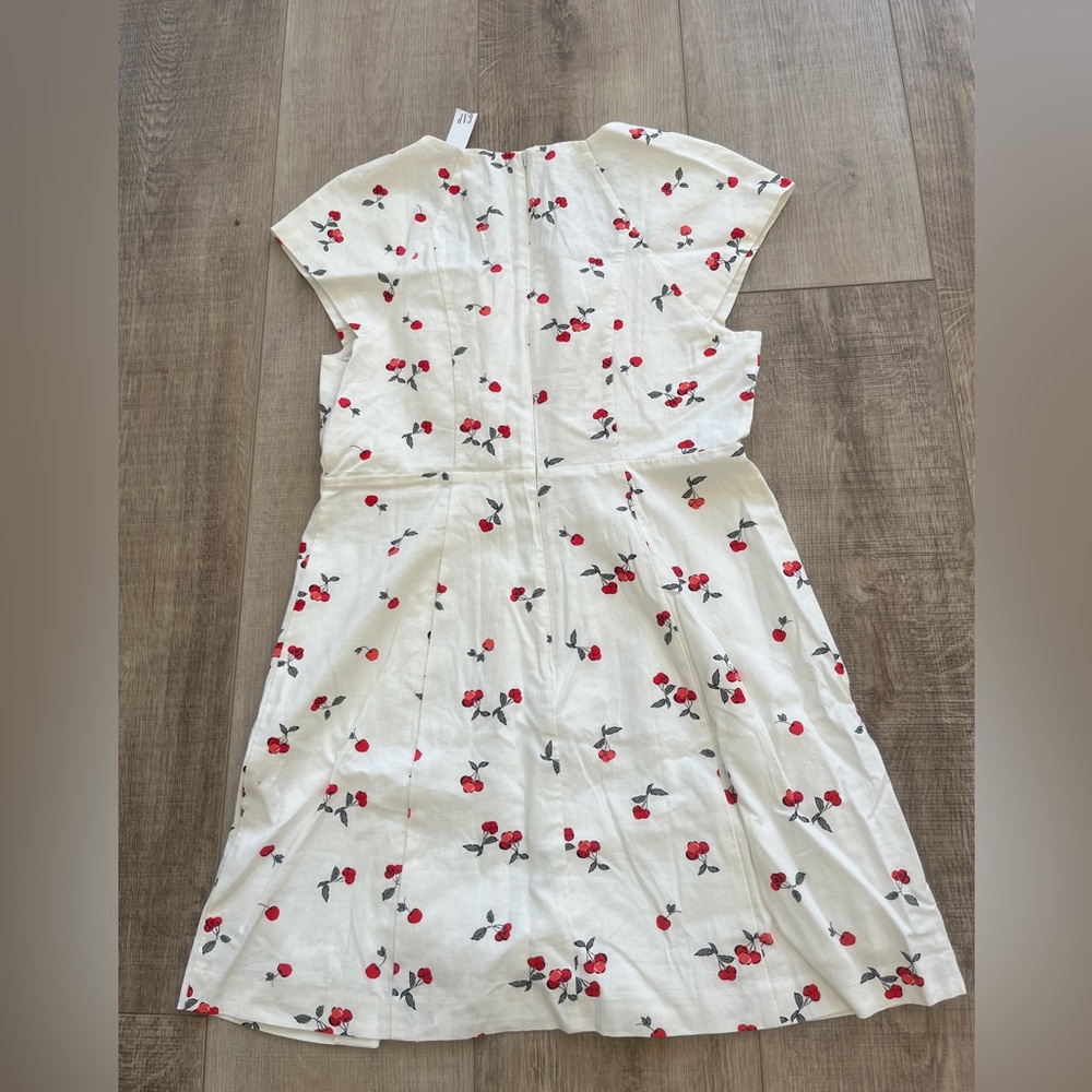 NWT GAP Linen Blwnd Cap Sleeve Mini Dress Back Zip Sz L CHERRIES off white $60 - Picture 6 of 12